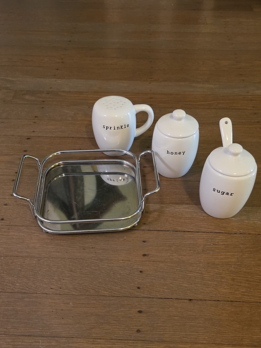 Pottery Barn Coffee House White Ceramic Sugar /Honey /Sprinkle Set with Tray